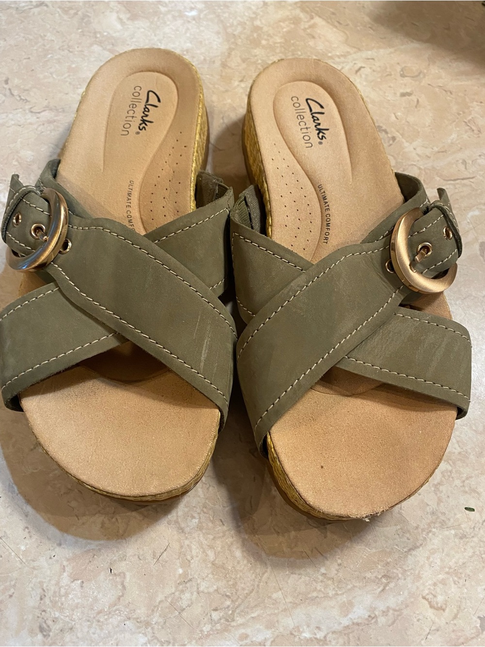 Clarks Olive Green Crisscross Buckle Slide Mules